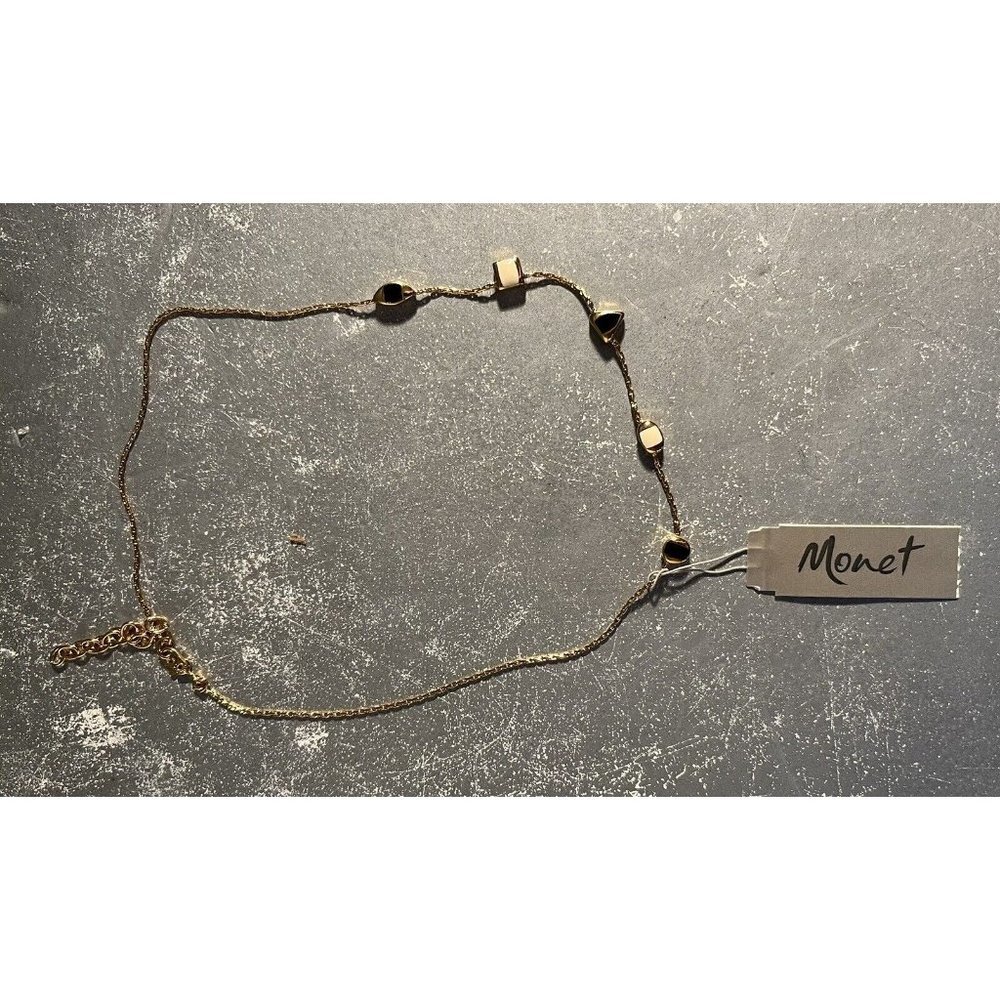 NWT Monet Gold Tone Chain Necklace Black White‎ Accent Beads Signed
